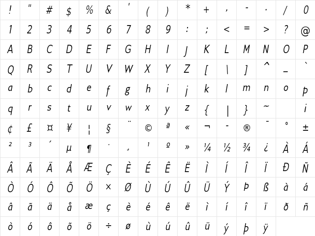 Gillius ADF Cond Italic  glyph index