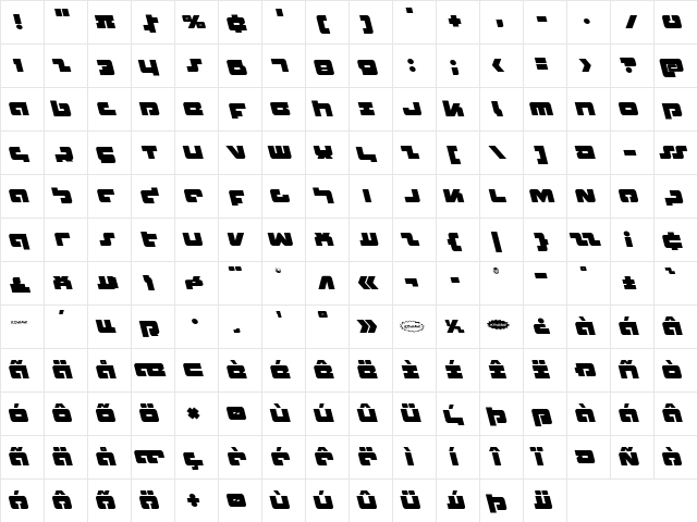 Boomstick Leftalic Italic  glyph index