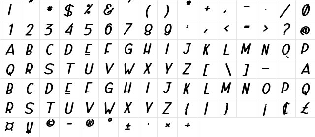 Naura Bold Slant_DEMO  glyph index