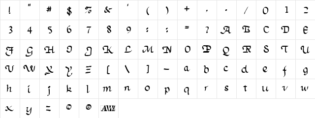 TrumanScript Regular  glyph index