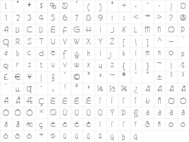 BeckerMonolineModernNF Regular  glyph index
