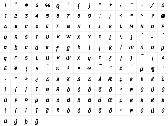 KautivaUni Bold Italic  glyph index