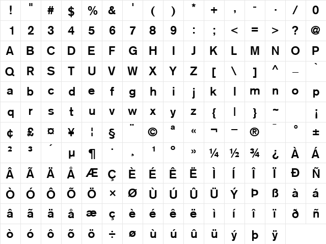 ExpressSSK Bold  glyph index