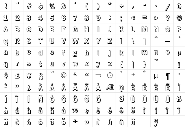 Franklin Gothic Outline Shadow Regular  glyph index