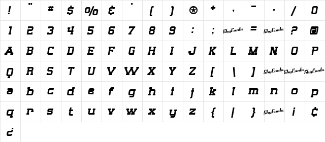SF Big Whiskey Regular  glyph index