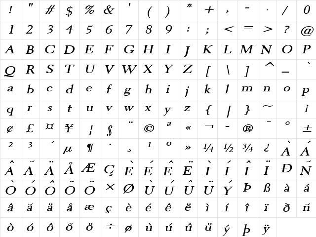 Transit 2 Wide BoldItalic  glyph index