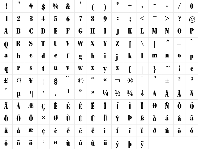 Bodoni BE Regular  glyph index