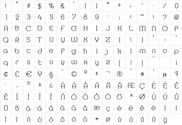 MexicoSerial-Xlight Regular  glyph index