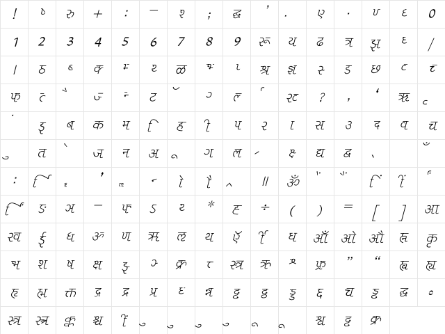 Liza Italic  glyph index
