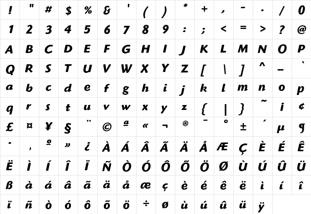 HighlanderEF BoldItalic  glyph index