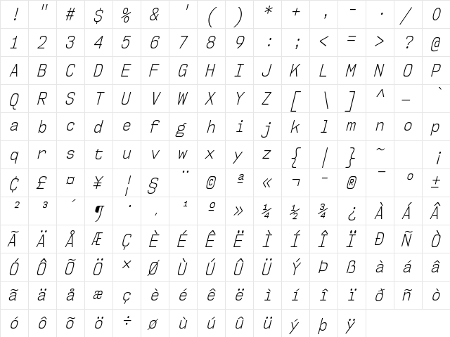 NK57 Monospace Condensed Light Italic  glyph index