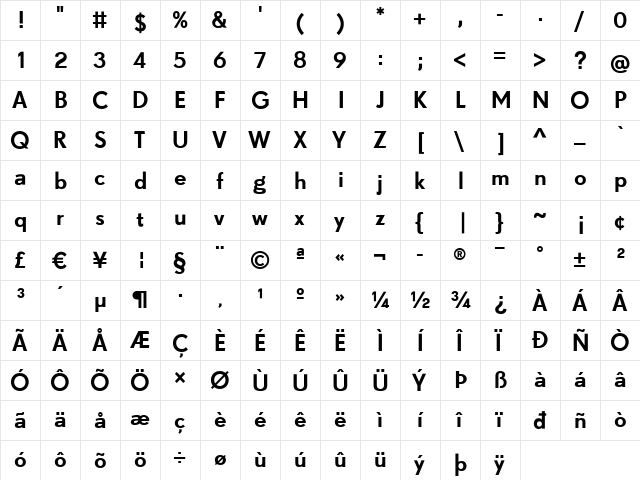 SuperGroteskB Regular  glyph index