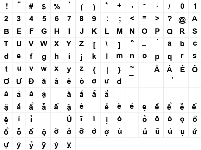 .VnArial Bold  glyph index