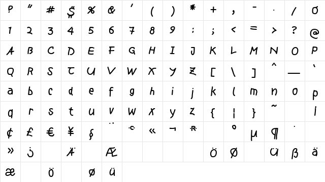 MousePen Regular  glyph index