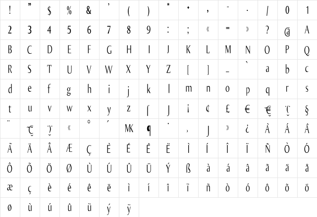 OliJoCondensed Regular  glyph index