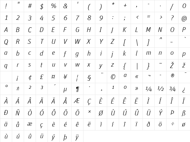 Unit-LightItalicTF Regular  glyph index