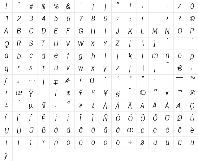 Hamburg-XlightIta Regular  glyph index