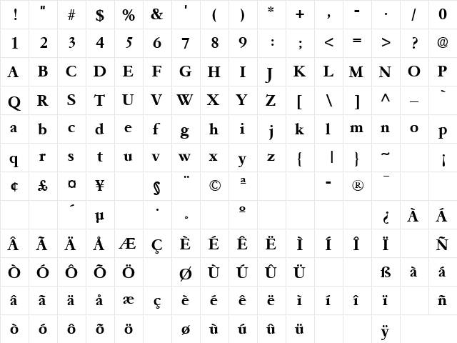 Paramount Bold  glyph index