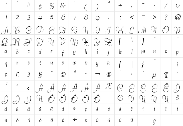 Bernhard Tango Swash Regular  glyph index