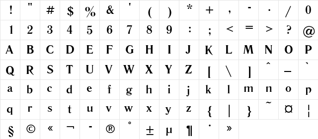 LiteraturnayaC Bold  glyph index