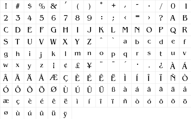 AidaBook Regular  glyph index