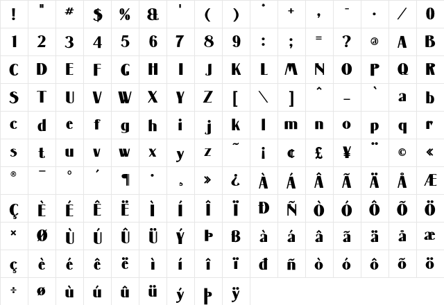 Massenet XBold Bold  glyph index