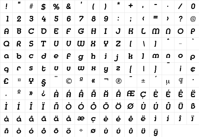 Media-DemiBoldIta Regular  glyph index