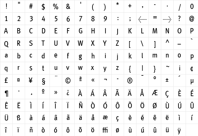 MetroMeta Book  glyph index