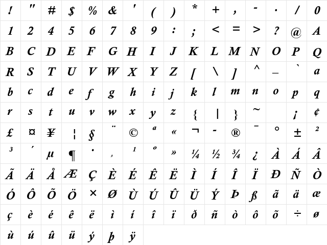 Calisto MT Std Bold Italic  glyph index