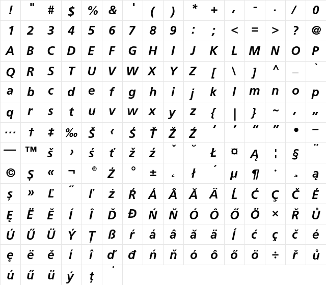 Frutiger CE 66 Bold Italic  glyph index