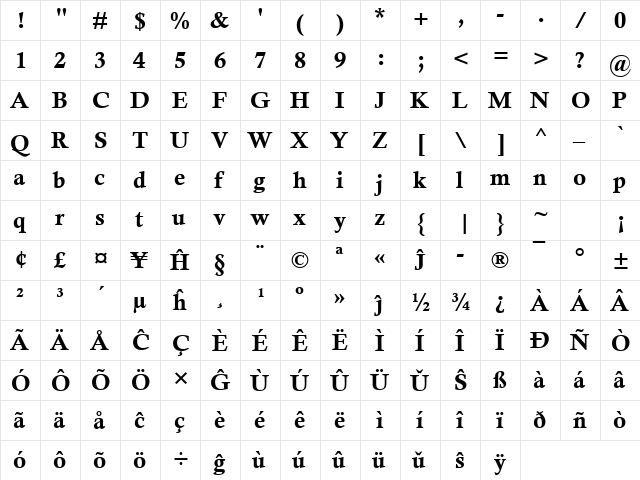 Calisto MT Eo Bold  glyph index