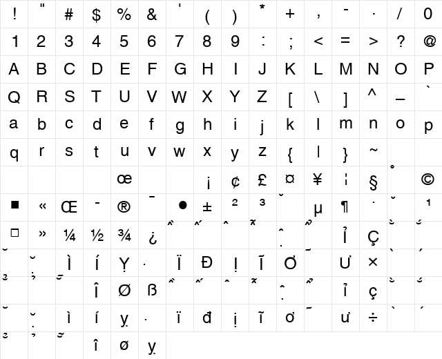 VNI-Helve Normal  glyph index