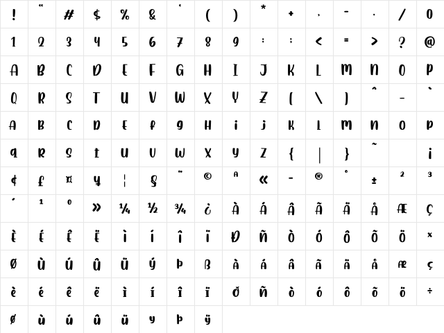 Baimbo Regular  glyph index
