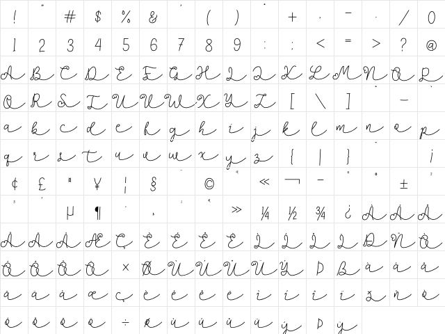 Lovlia Regular  glyph index