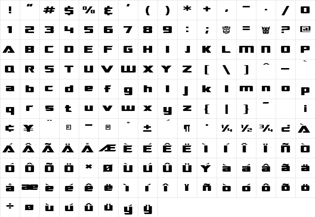 SF TransRobotics Extended Regular  glyph index