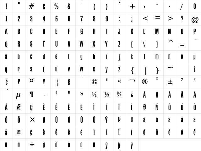 HalvettUltraCompressed Bold  glyph index