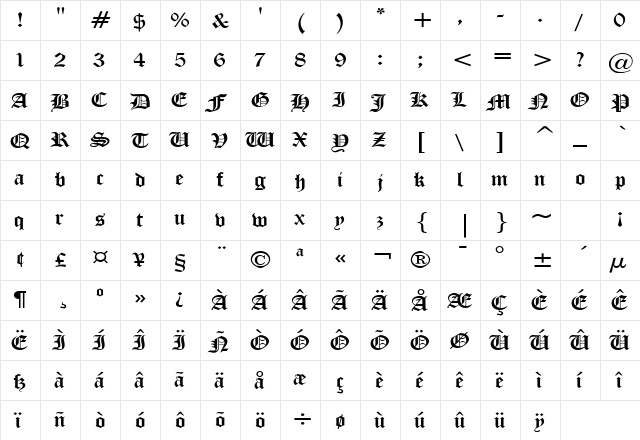 Midevil Wide Normal  glyph index