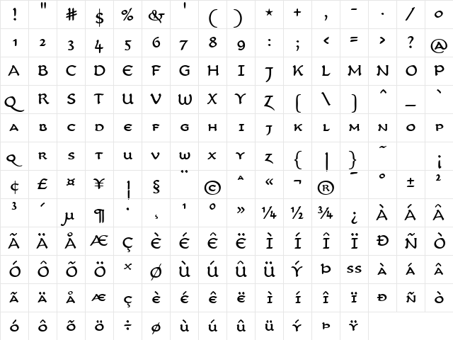 CarlinScript LT Std RegularSC Regular  glyph index