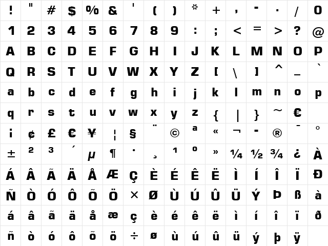 Square721 BT Bold  glyph index