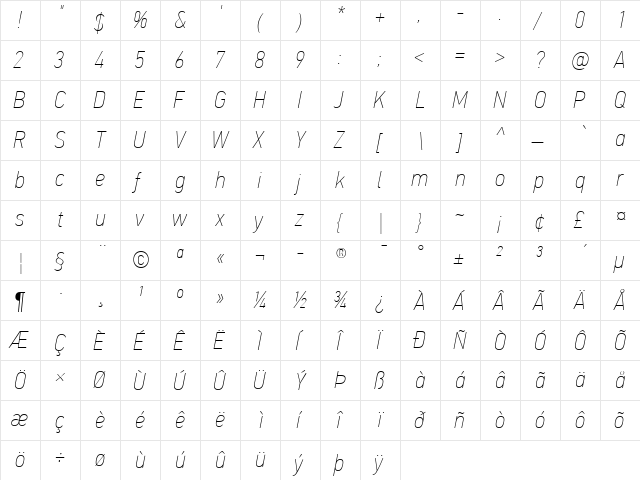 PF Din Text Cond Pro Extra Thin Italic  glyph index