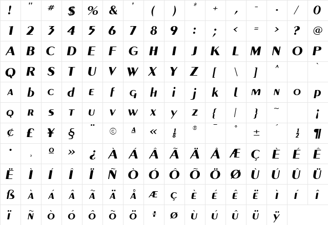 PaqueteSSK BoldItalic  glyph index