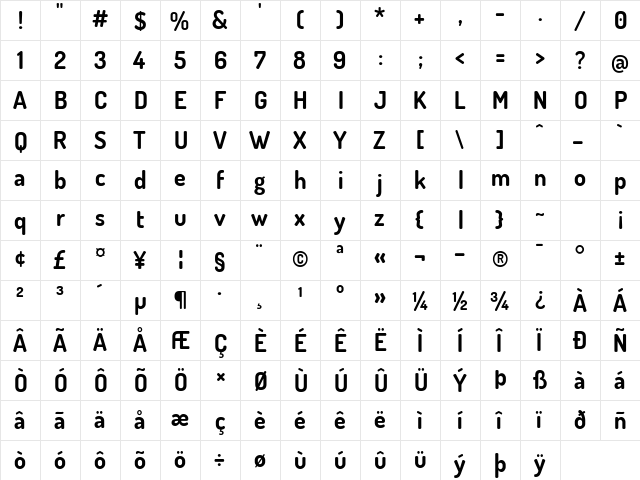 Dosis Bold  glyph index