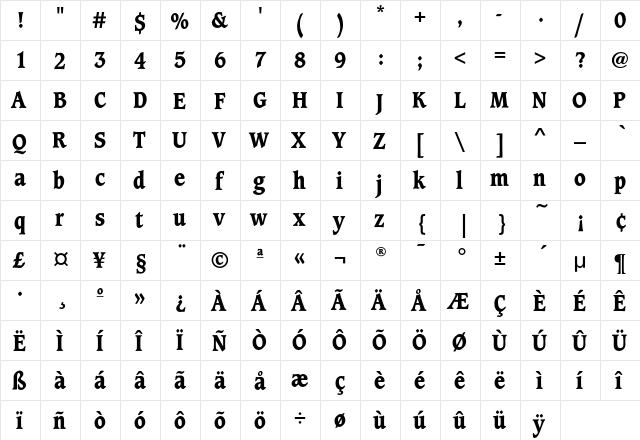 CaxtonEF ExtraBoldCond  glyph index