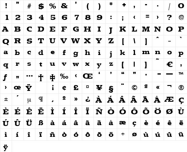 Penthouse-ExtraBold Regular  glyph index