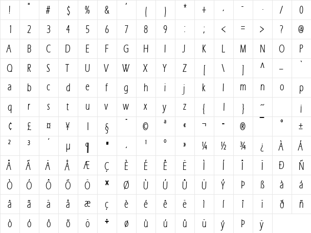 Eric Lite Thin Bold  glyph index