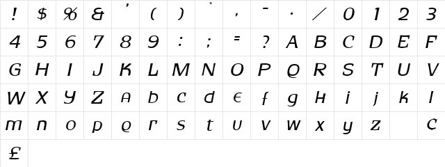Rhubarb Oblique  glyph index