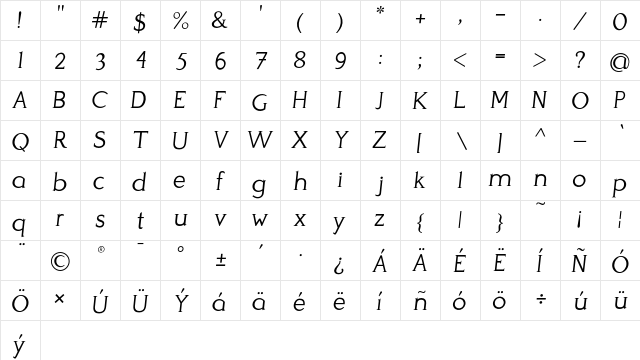 Perspicacious Italic Light  glyph index