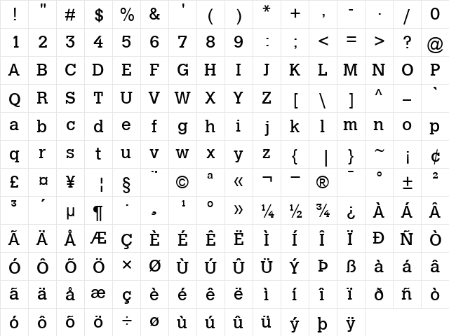 CalvertMT Roman  glyph index