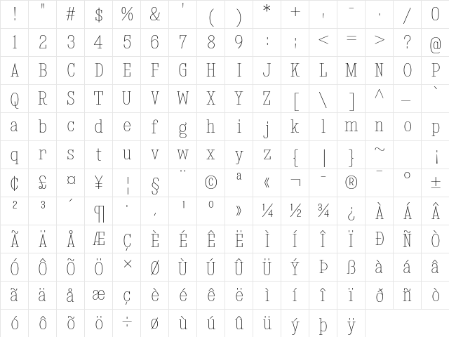 Kingsbridge Condensed UltraLight  glyph index