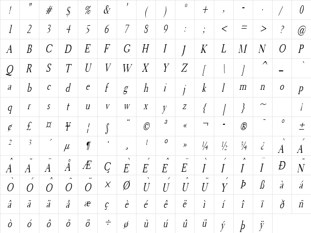 Transit 2 Condensed Italic  glyph index